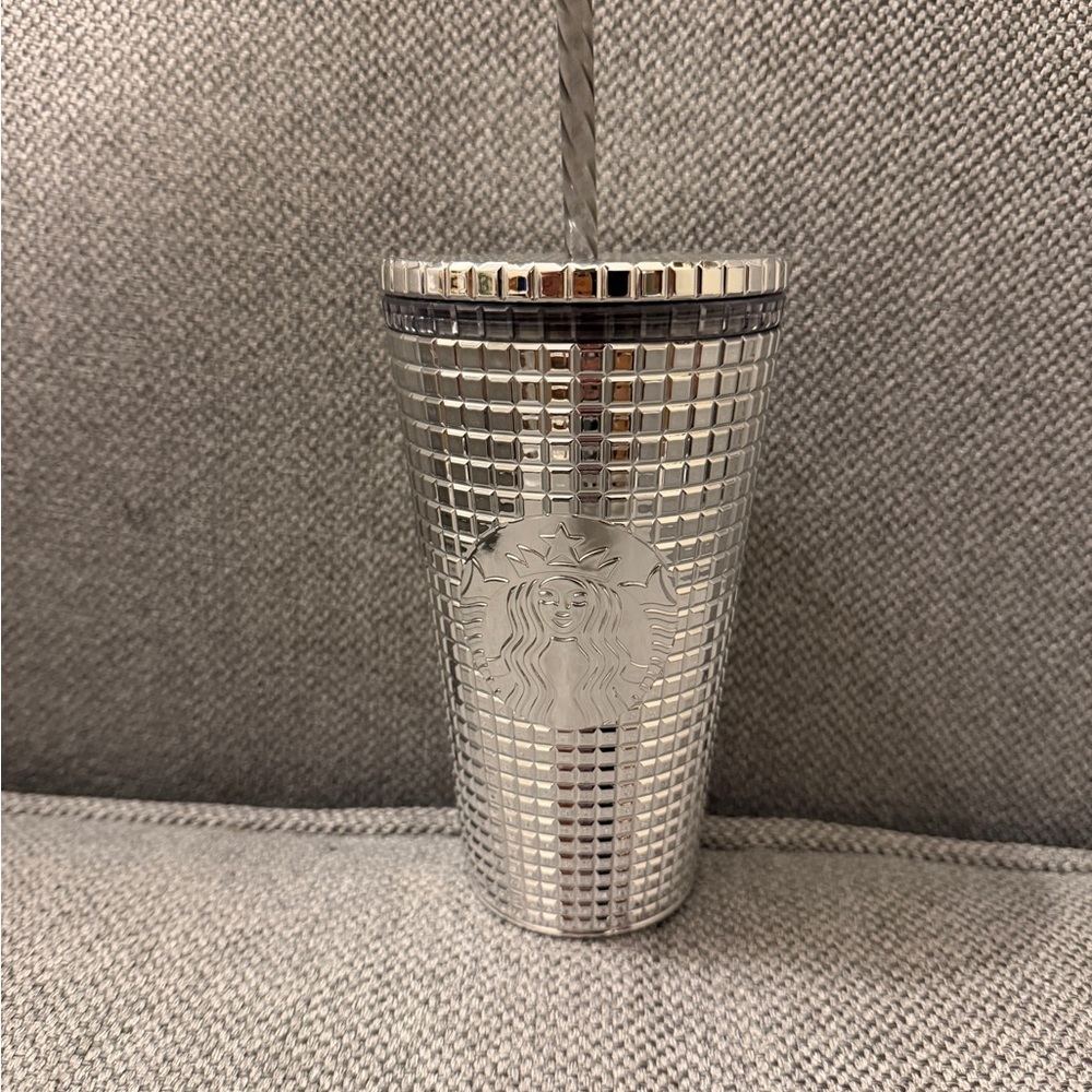 Starbucks 16oz Venti Mirror Silver Grid Tumbler from the 2023 Holiday collection